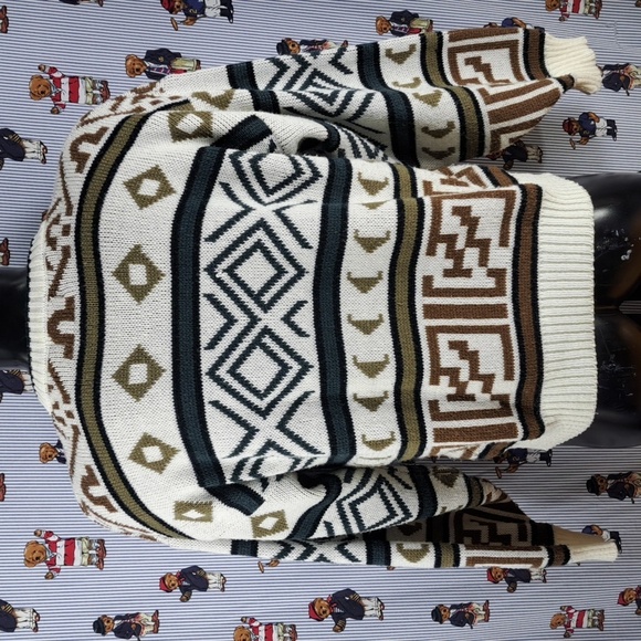 Vintage Gitano geo chunky stripe white & blue casual Med tight knit sweater - Picture 4 of 5